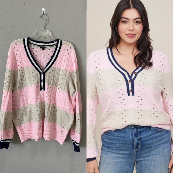 Plus Sz 1X Torrid Vegan Cashmere Pullover Henley Striped Sweater Pink Navy Beige - Picture 1 of 8